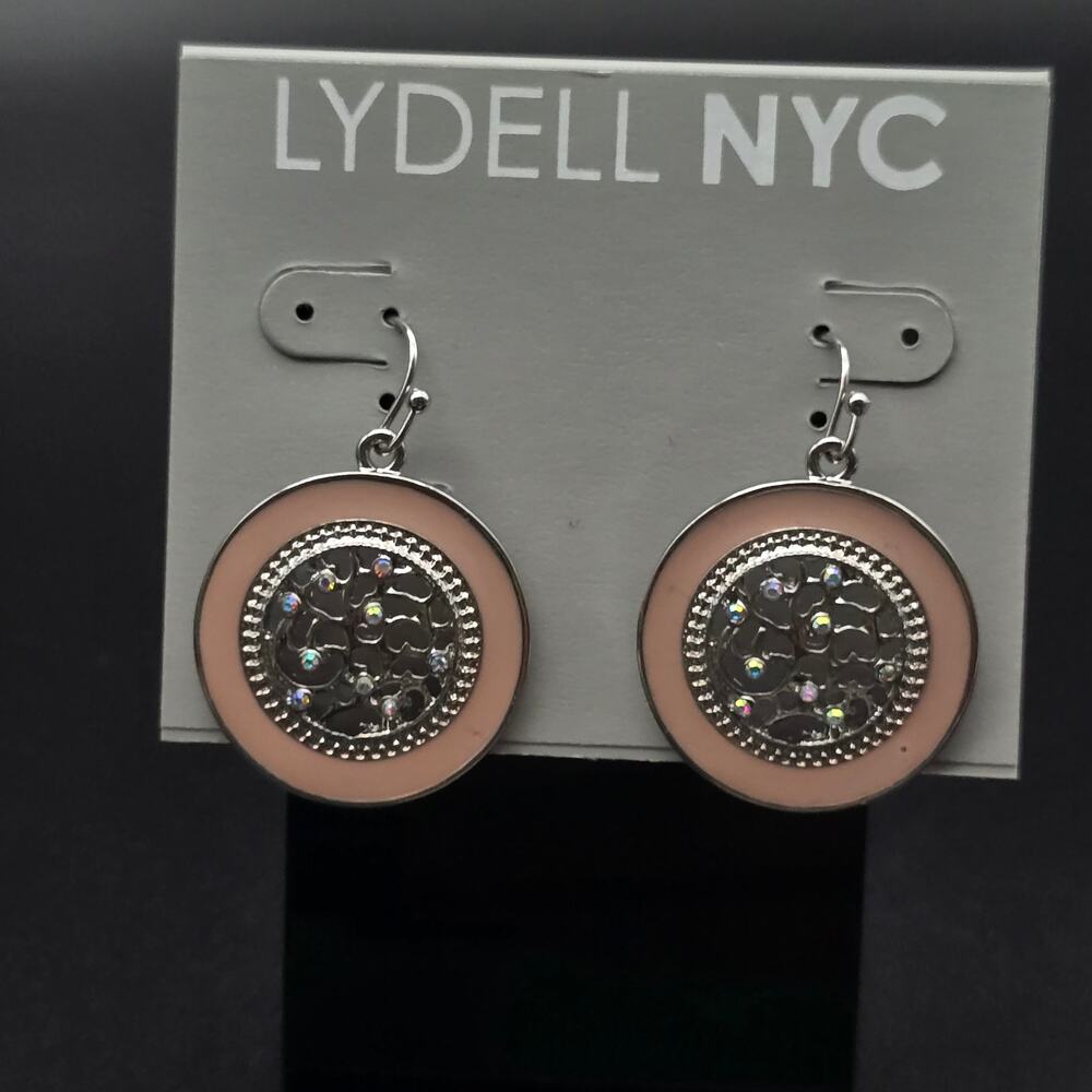 Lydell New York Soft Pink Enamel Round Earrings Pierced NWT AB Rhinestones
